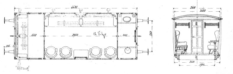 Bild Abb. 7.  Salonwagen A.3., Grundriss, Aufriss, 1874, VAN IX M 64b