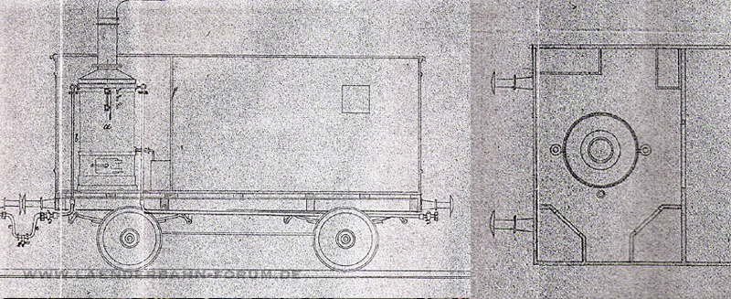 Bild Gepäckwagen, l.: Längsschnitt, r.: Grundriss mit Kohle- (unten) und Wasserbehälter (oben).