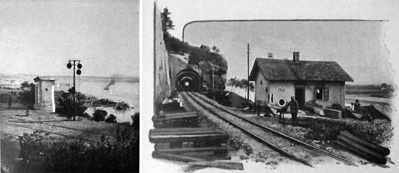 Bild Abb. 7: Links: Einfahrt nach Grignano. [Nach einer Zeichnung von J. Novopacky aus dem Jahre 1857.] Aus [5], S.292 Abb.277. Rechts: Signale des Streckenpersonales: «Wächterhaus 365 auf der Strecke Prag-Bodenbach [mit dem Tunnel bei Mülhausen]. Original-Aufnahme von J. Gaube, Beamten der B.E.B.». Aus [7], S.71 Abb. 35..