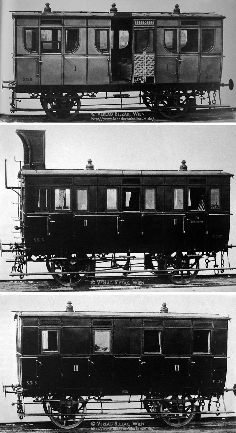 Bild Abb. 12: Juni 1862. Wagen der Südbahn, noch beschriftet als SStB. Von oben nach unten: Wagen I. Klasse Nr. A 10. Wagen II. Klasse Nr. B 202 mit Bremserhaus. Wagen III. Klasse Nr. C 37, erbaut von der Officina di Verona, J. Frossard & Cie. Aus [12], S.99.